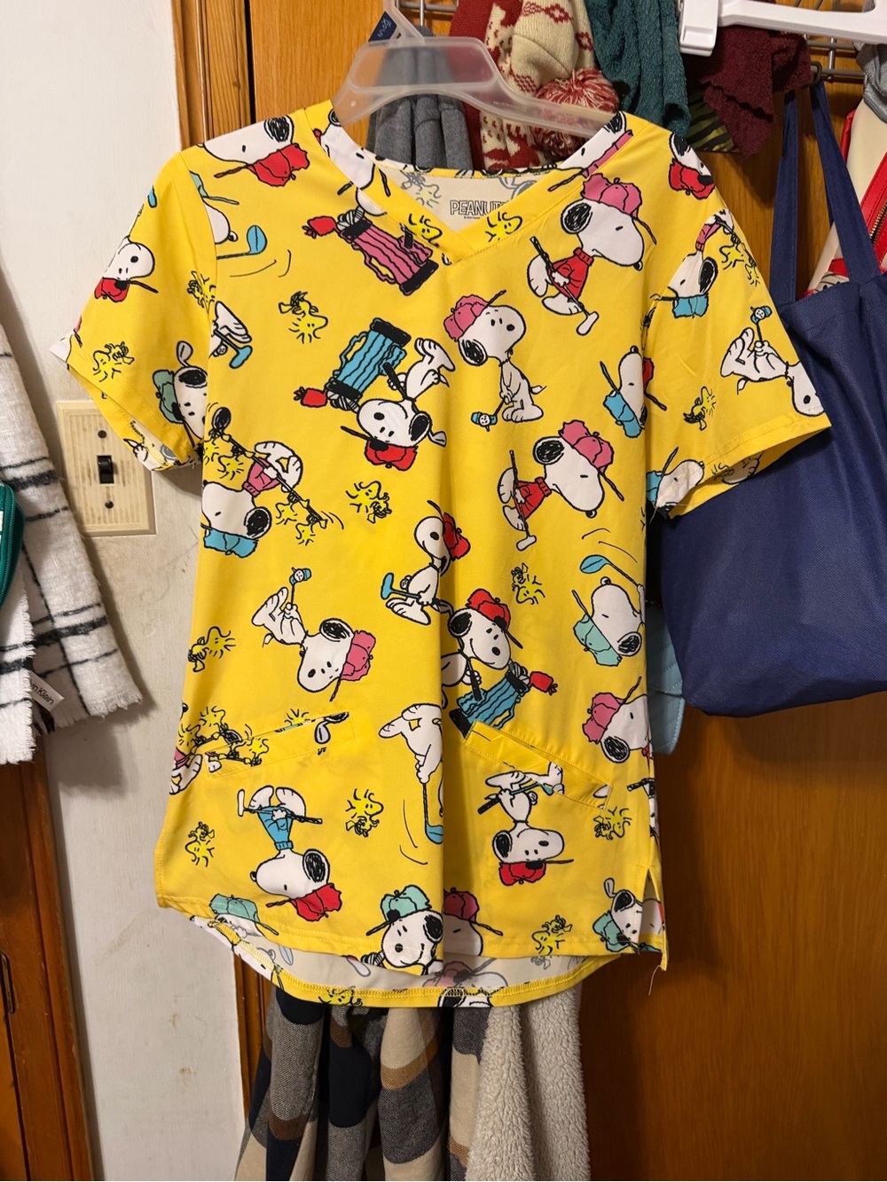 Peanuts Yellow Short Sleeve scrub top with Snoopy & Woodstock Print
